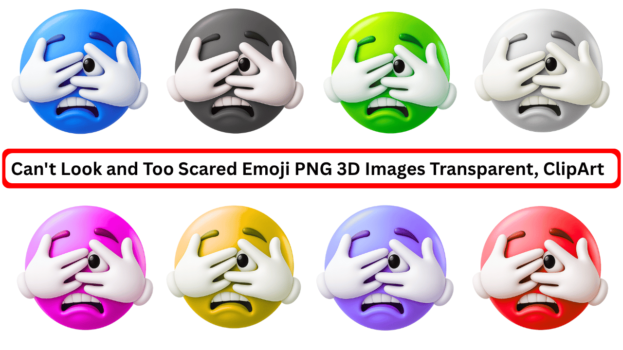 Set of multicolor scared emojis covering eyes and peeking through fingers in 3D style