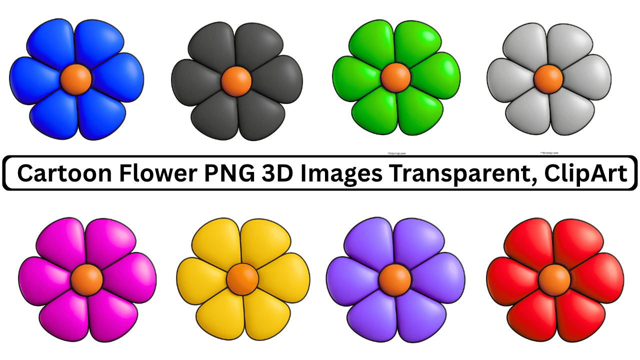 Colorful cartoon 3D flowers with orange centers in blue, black, green, gray, purple, yellow, and red.