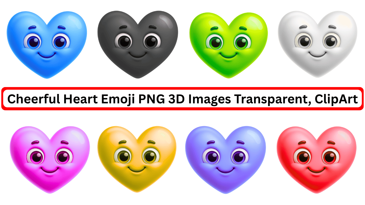 Colorful cheerful heart emoji PNG set with smiling 3D faces and transparent background