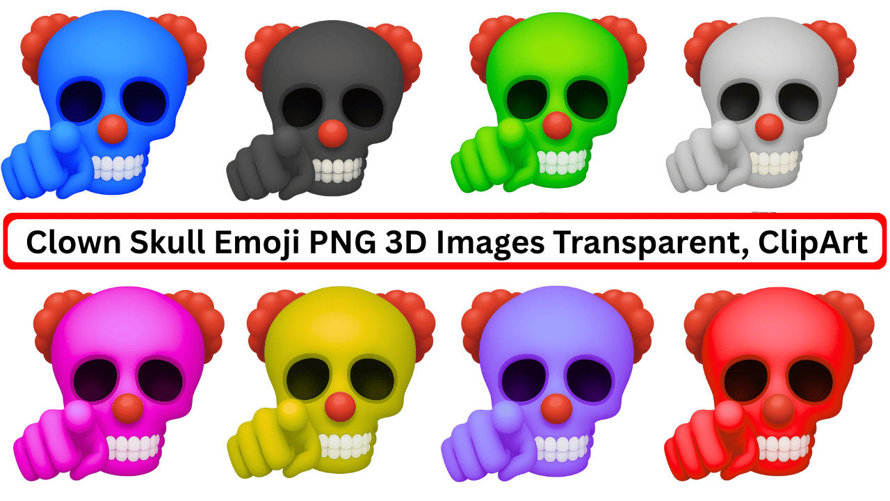 Colorful 3D clown skull emoji PNG clipart set with pointing hands and red hair