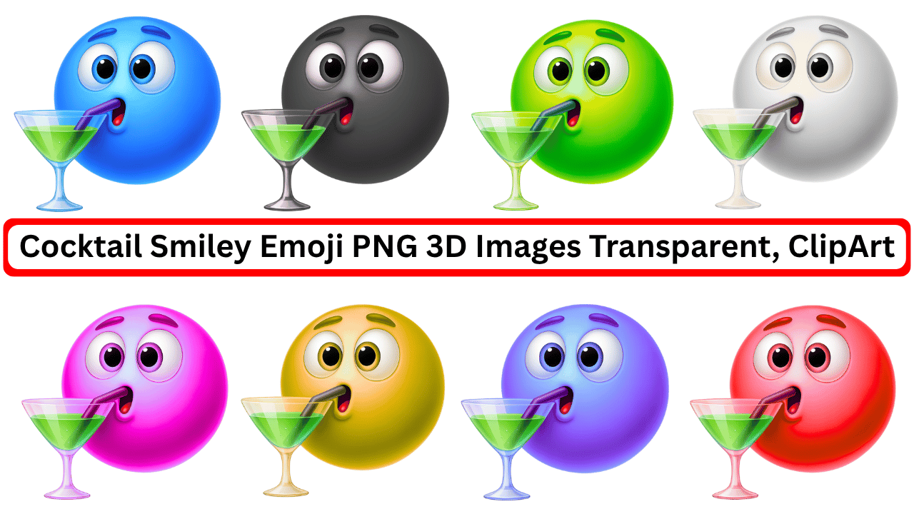 Colorful cocktail smiley emoji 3D PNG collection with transparent background and drink glass