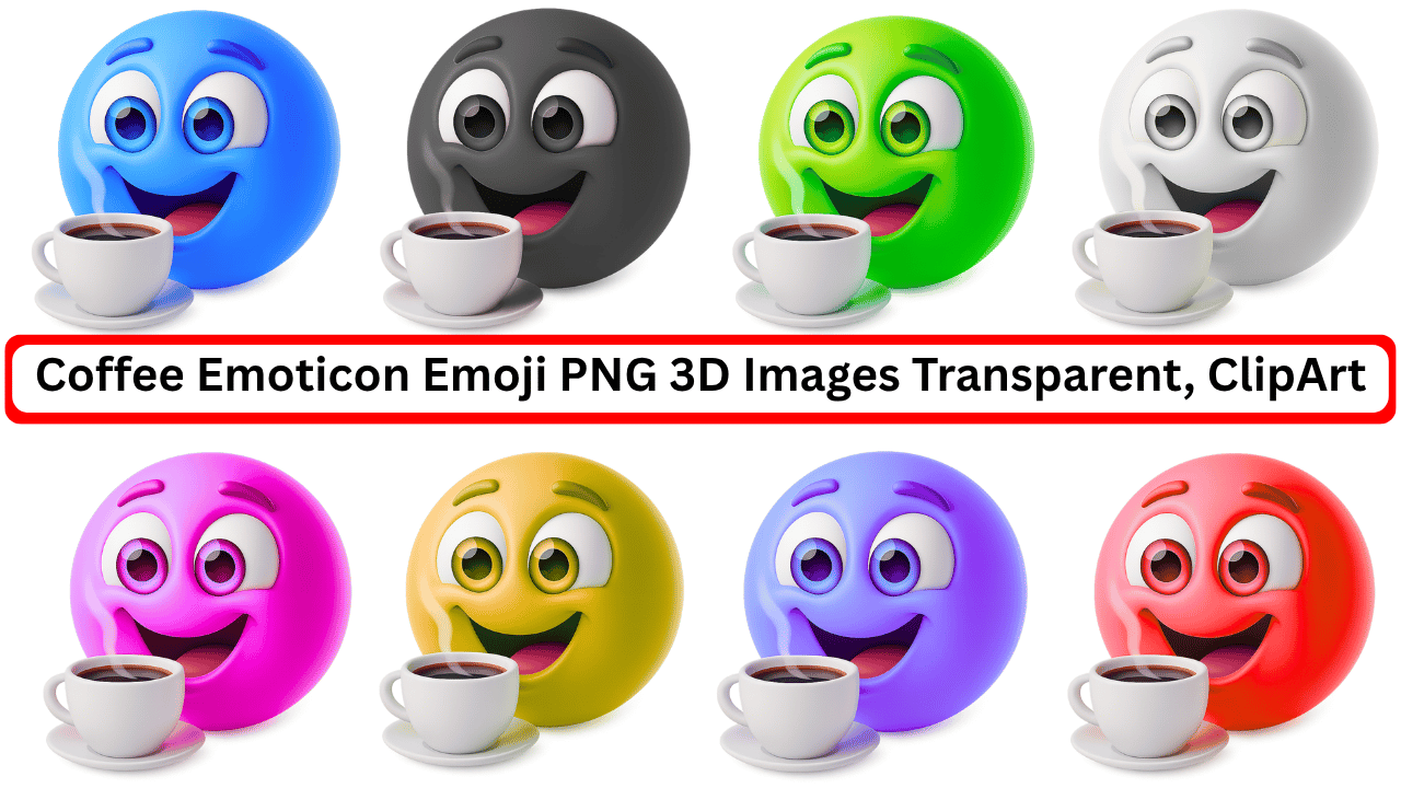 Colorful coffee emoticon emojis in 3D style with hot cups and smiles