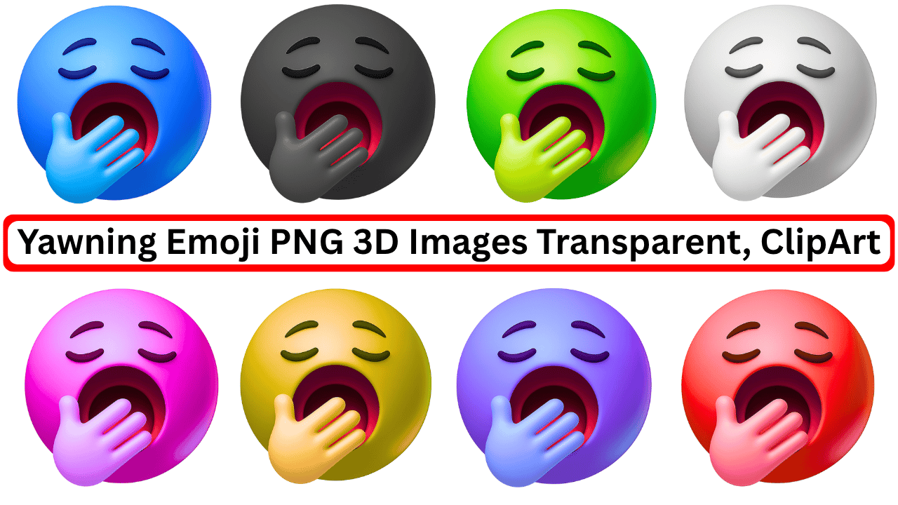 Colorful 3D yawning emoji PNG collection with various face colors and hand poses