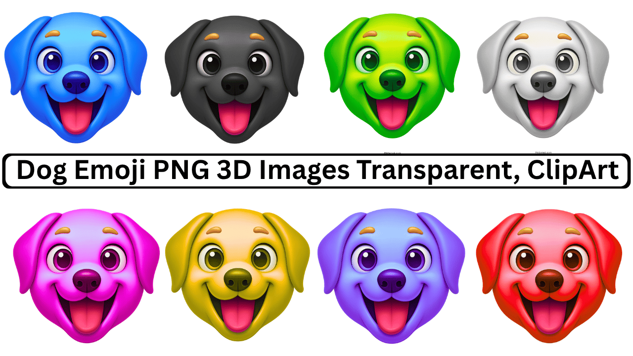 Set of colorful 3D dog emojis in blue, black, green, white, pink, yellow, purple, and red with big eyes and smiles.