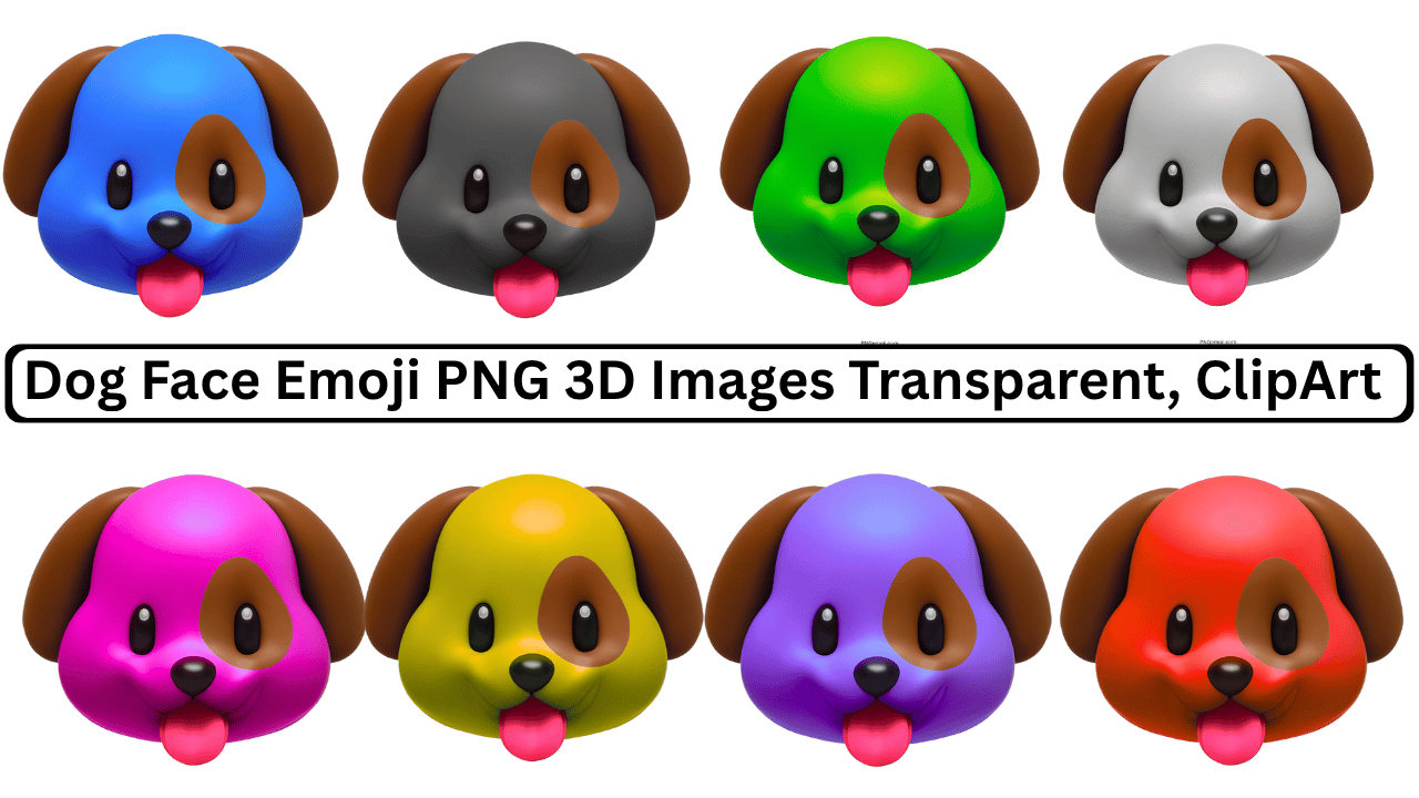 Colorful dog face emoji set in various colors with 3D design and transparent background.