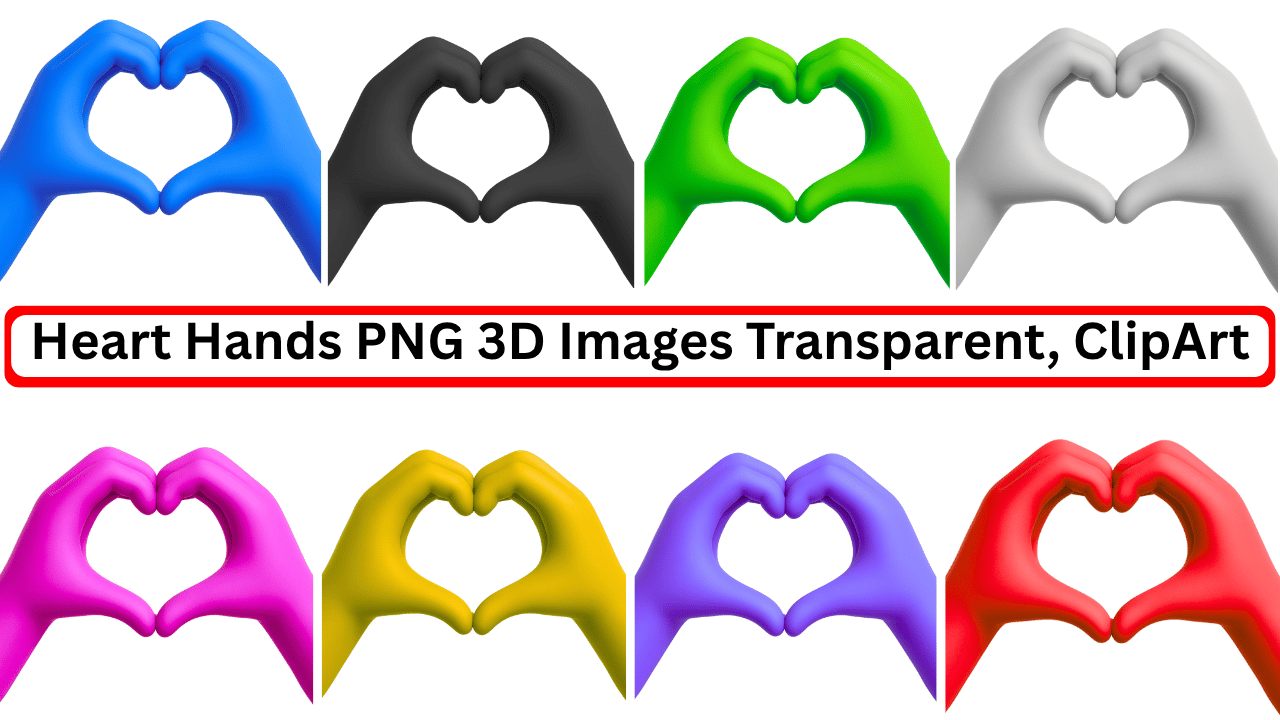 Colorful 3D heart hands emoji PNG pack in red, blue, black, yellow, green