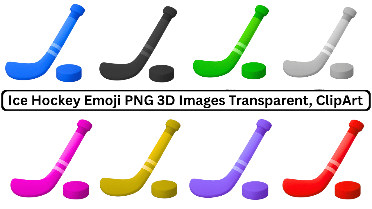Colorful 3D ice hockey stick and puck emoji set, transparent clipart for sports enthusiasts