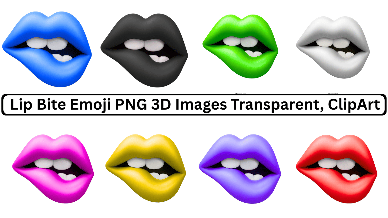 Colorful lip bite emoji 3D icons in various shades, transparent PNG clipart set