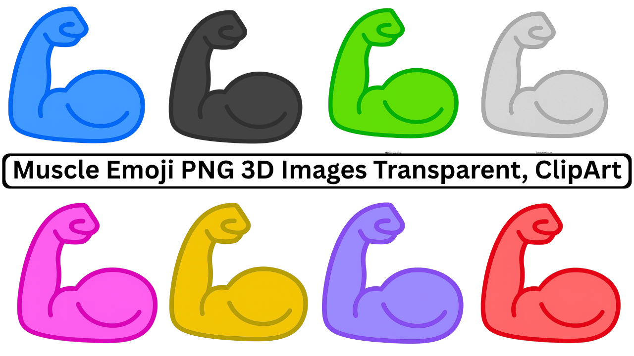 Set of colorful 3D muscle emoji PNG images, featuring flexed biceps in blue, black, green, gray, pink, yellow, purple, and red.