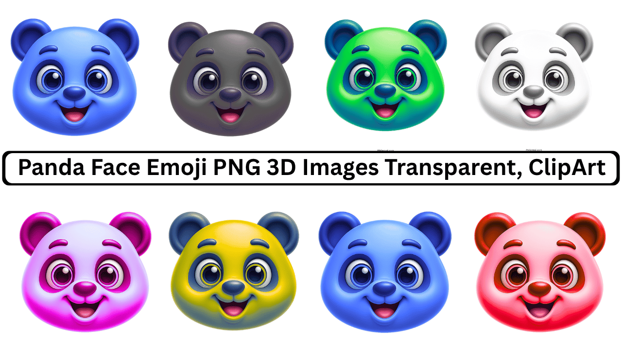 Set of colorful 3D panda face emojis, transparent clipart, blue, gray, green, white, pink, yellow, red, smiling expressions.