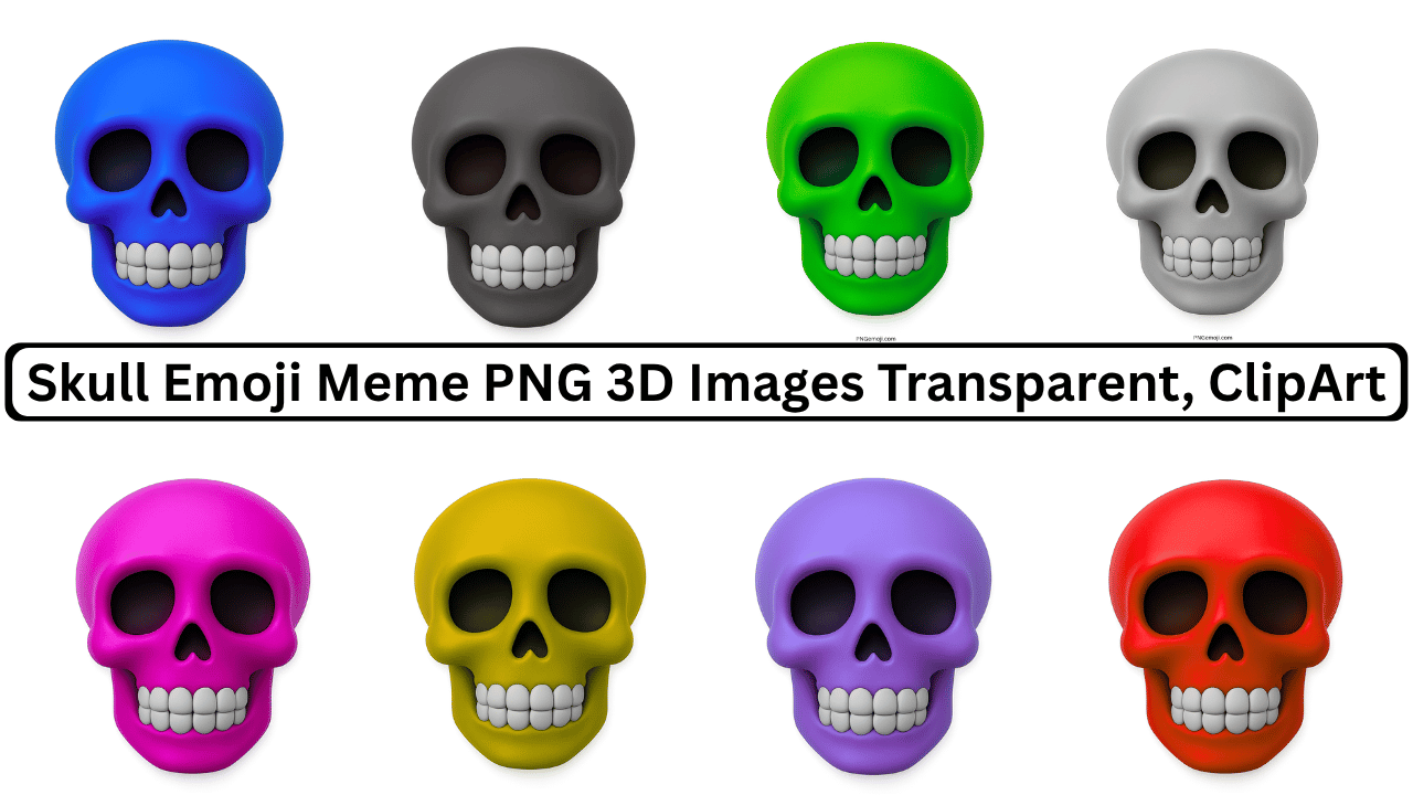 Colorful skull emoji meme set with multiple 3D skulls in different colors