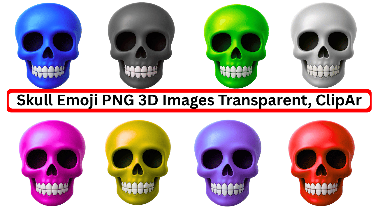 3D skull emojis in multiple colors with transparent background for clipart and digital use