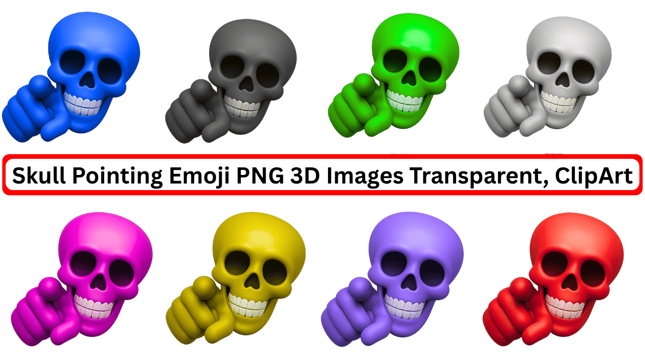 Colorful 3D skull pointing emojis in various colors with transparent background and clipart style