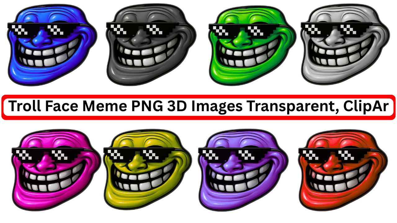Set of colorful 3D troll face memes with thug life sunglasses on transparent backgrounds