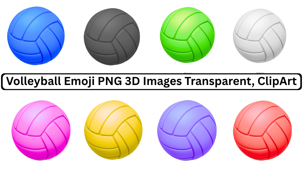 Colorful 3D volleyball emoji set with transparent background, including blue, black, green, white, pink, yellow, purple, and red balls.