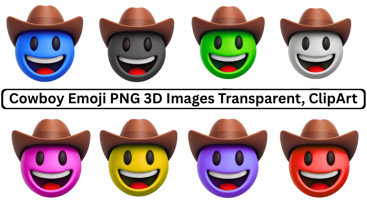 Colorful 3D cowboy emojis with brown hats in various colors