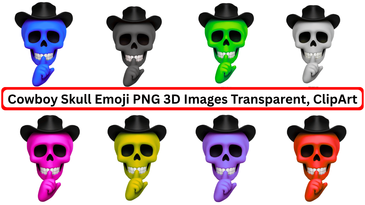 Colorful cowboy skull emoji set in 3D PNG format with transparent background.