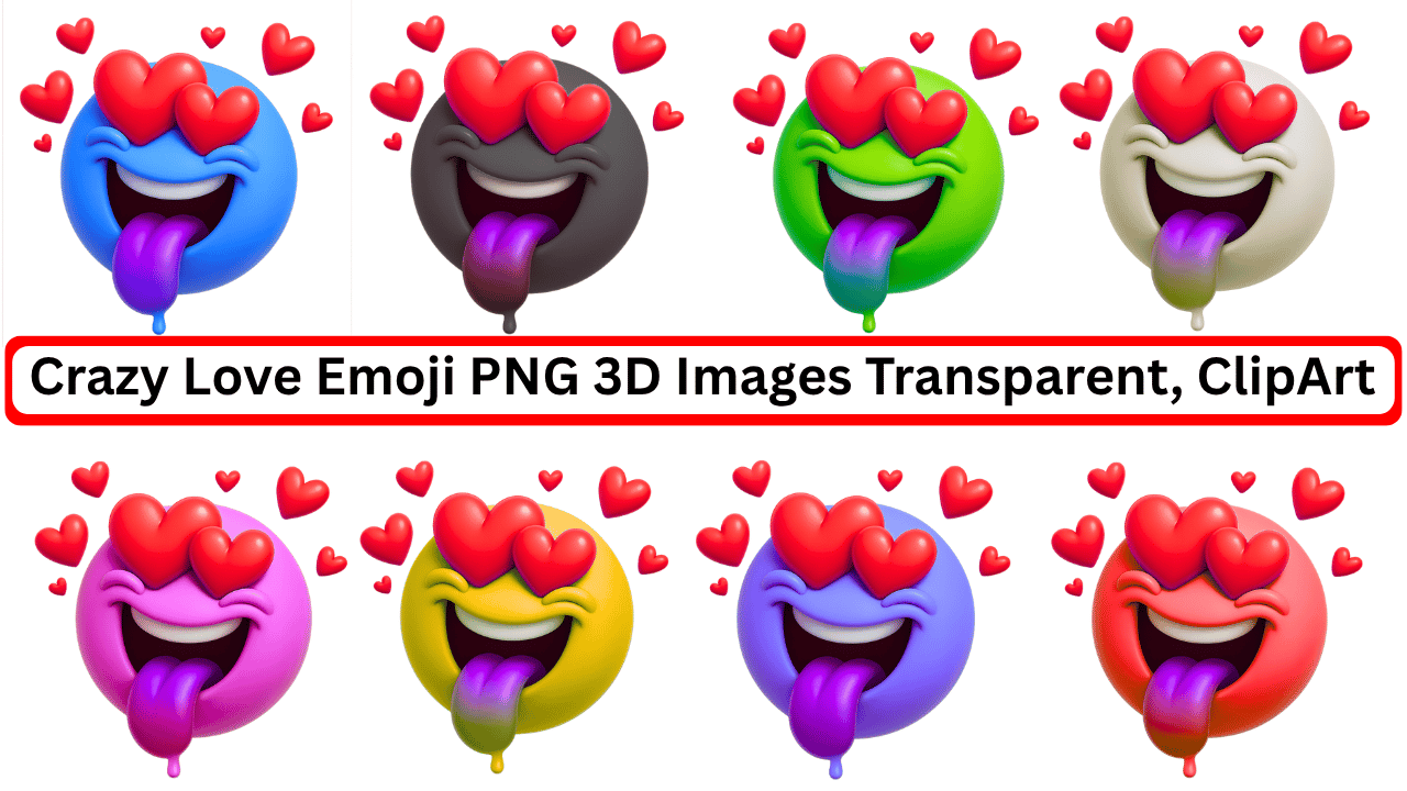 Colorful crazy love emoji bundle in 3D with heart eyes and tongue out