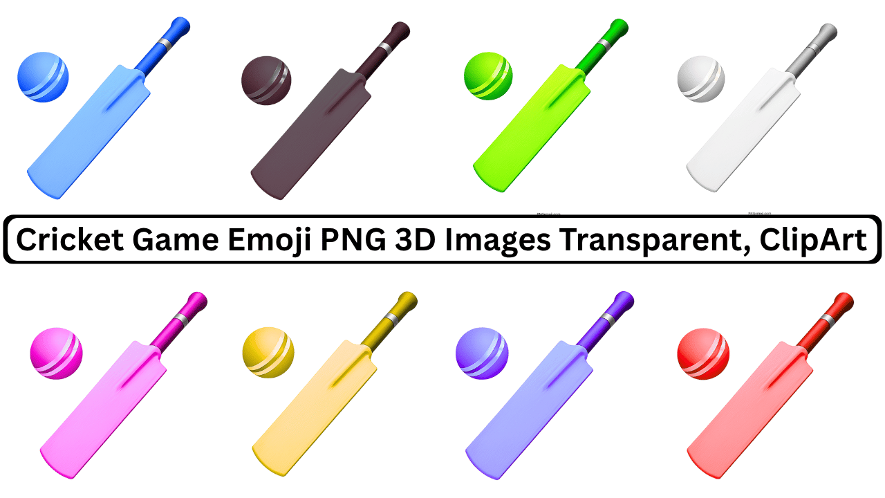 A collection of colorful 3D cricket bat and ball emojis in various vibrant colors.