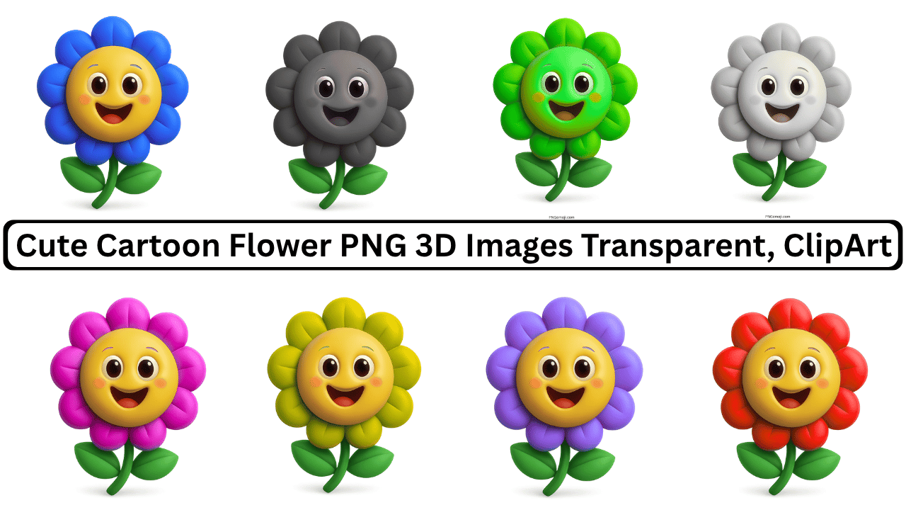 Collection of cute cartoon flower PNG images in various colors with smiling faces, 3D style.