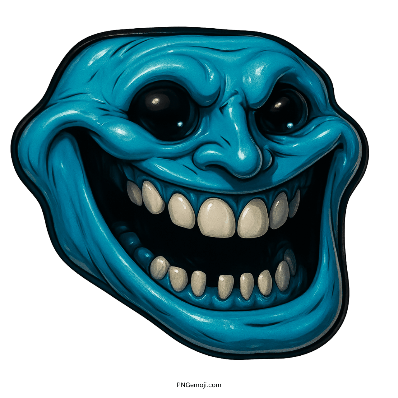 Cyan evil troll face with twisted wide grin and intense meme expression