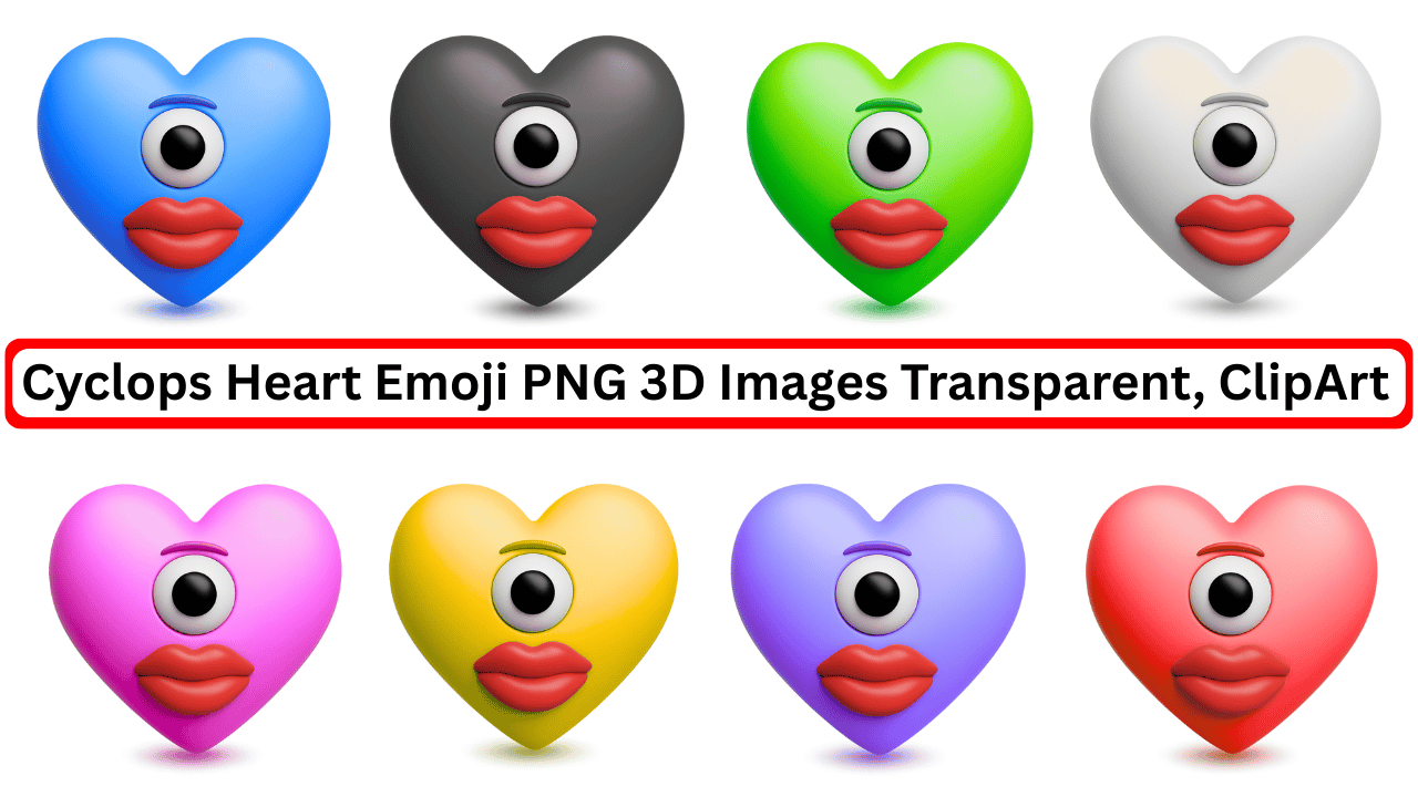 Set of 3D Cyclops heart emojis in 8 colorful variants with transparent background