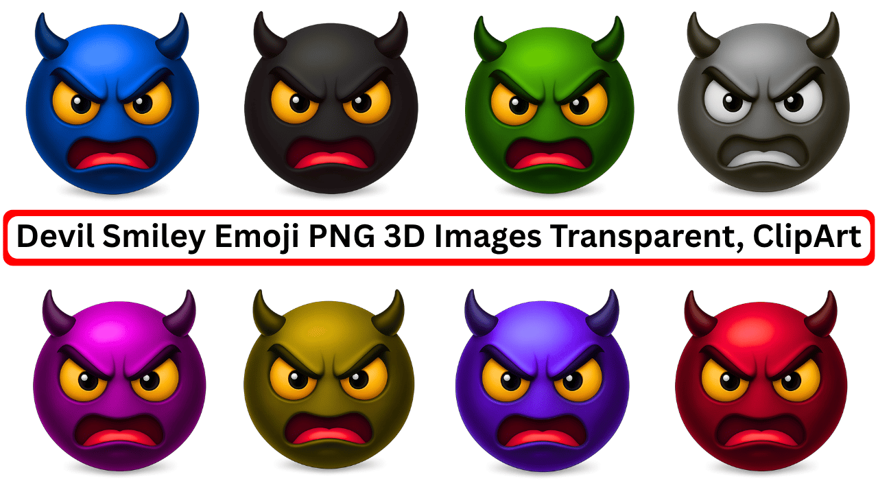 Colorful 3D devil smiley emoji set with angry faces, horns, and transparent background.