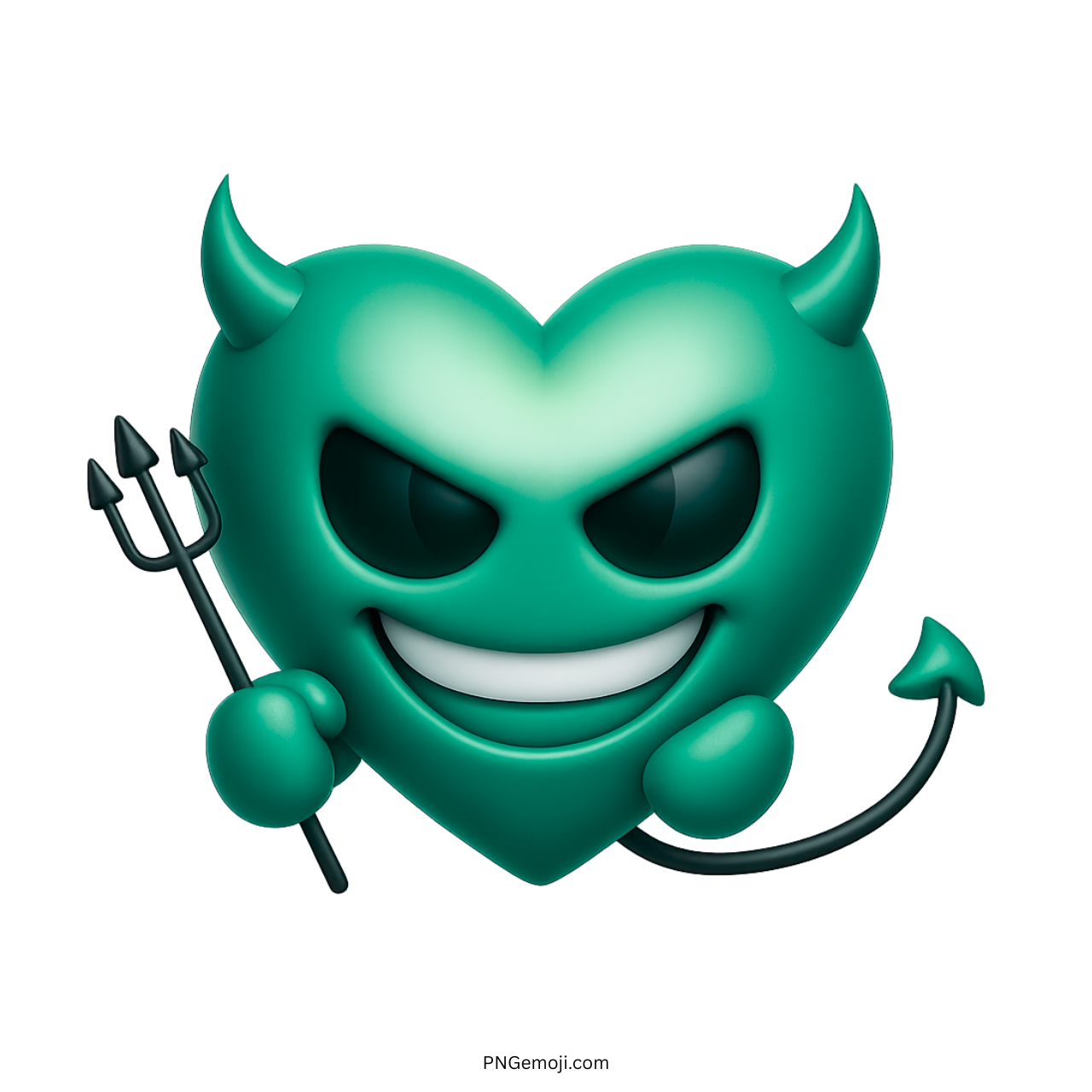 Green devil heart emoji with horns, trident, evil grin, and mischievous eyes