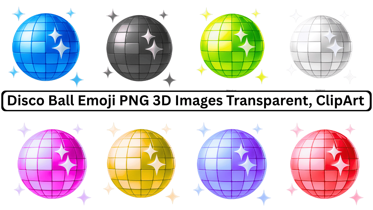 3D disco ball emoji pack with colorful variations and sparkles in transparent PNG format