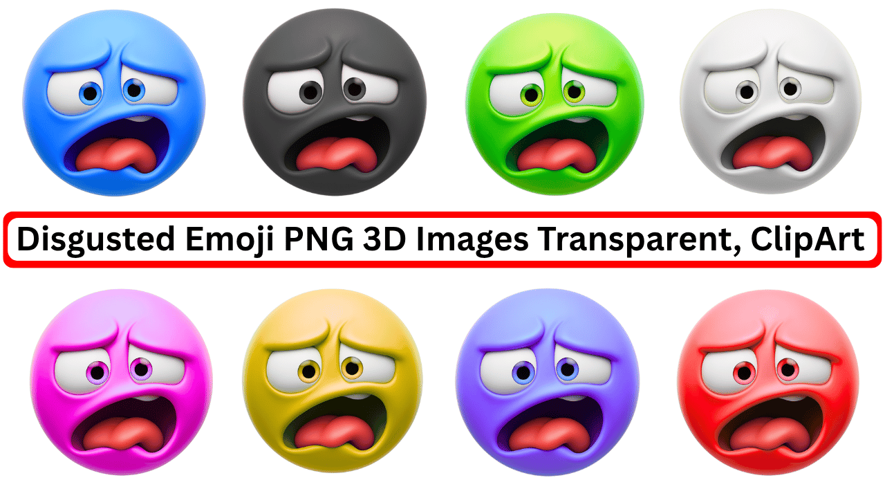 Set of 3D disgusted emojis in multiple colors with exaggerated facial expressions and tongue out