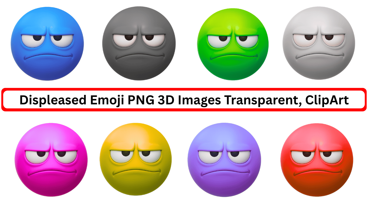 3D displeased emoji pack with colorful unimpressed faces in PNG transparent clipart style