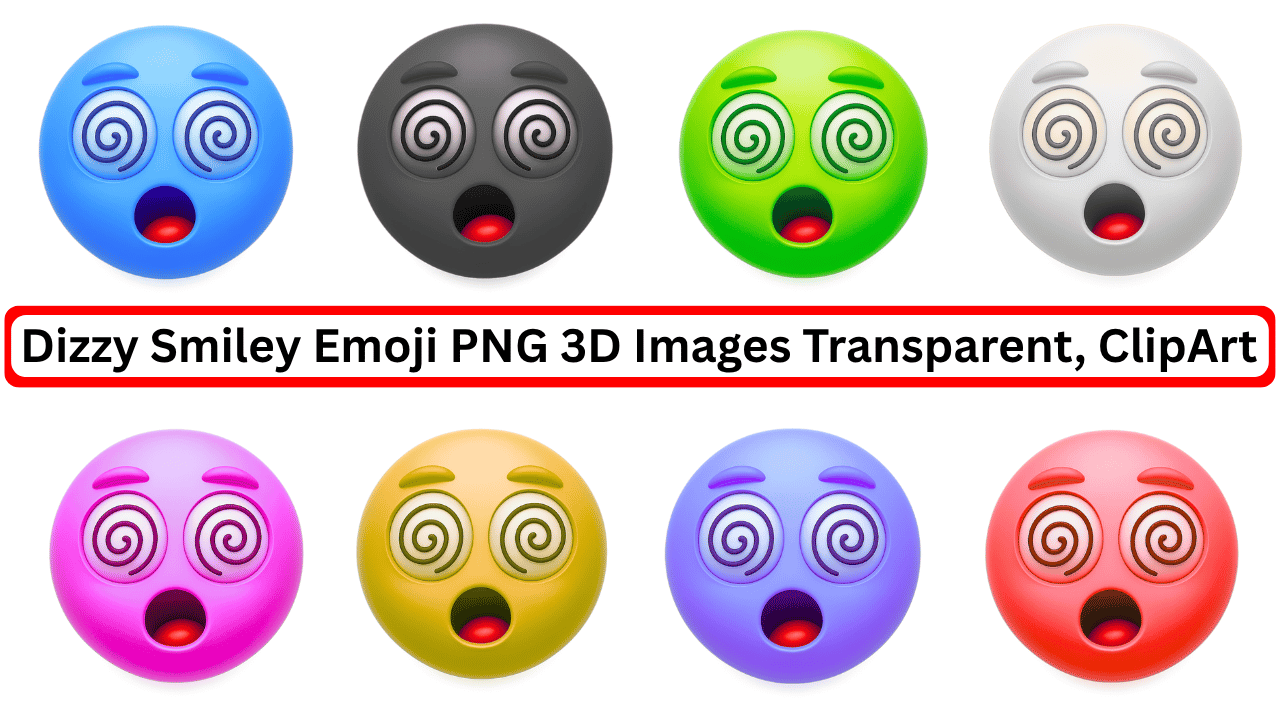 Colorful 3D dizzy smiley emoji set with spiral eyes and transparent PNG background