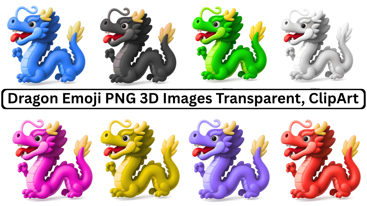 Collection of colorful dragon emoji PNG images, featuring 3D designs in various colors, including blue, green, pink, and more.