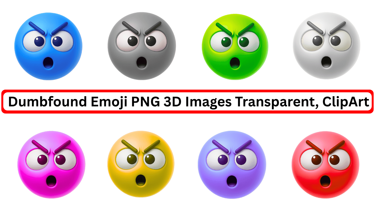 Colorful 3D dumbfound emoji set with shocked, angry facial expressions on transparent background