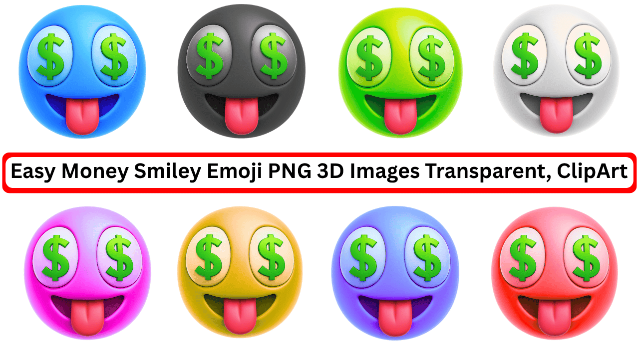 3D emoji collage with dollar eyes and tongues out in colorful variations on white background
