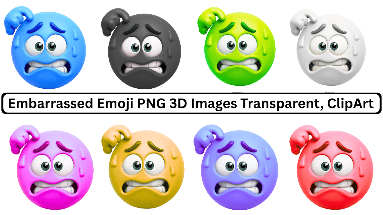 Colorful embarrassed 3D emoji PNG images with transparent background, featuring blue, black, green, white, purple, yellow, and pink shades.