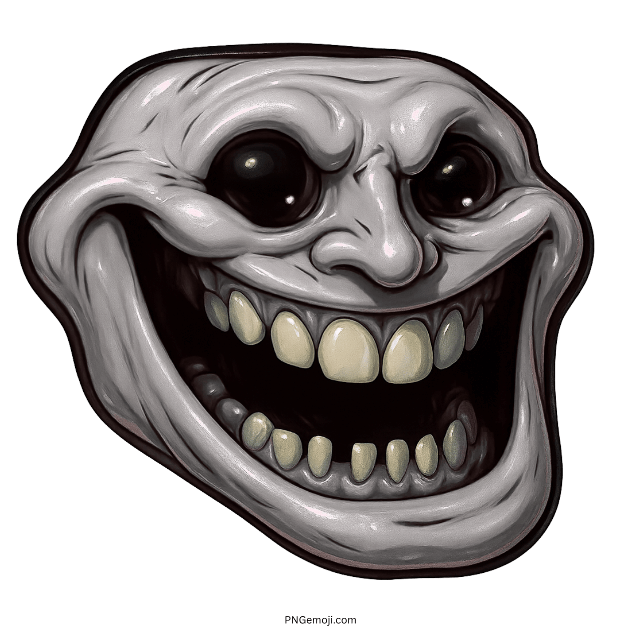 Terrifying evil troll face with wide creepy smile and exaggerated dark meme expression
