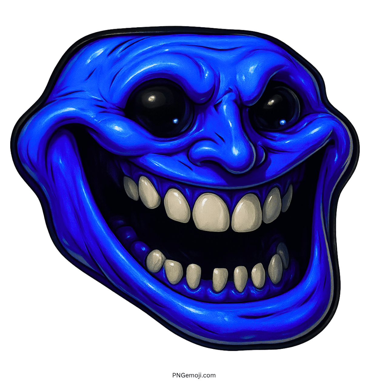 Dark blue evil troll face with wide grin and creepy laughing meme expression