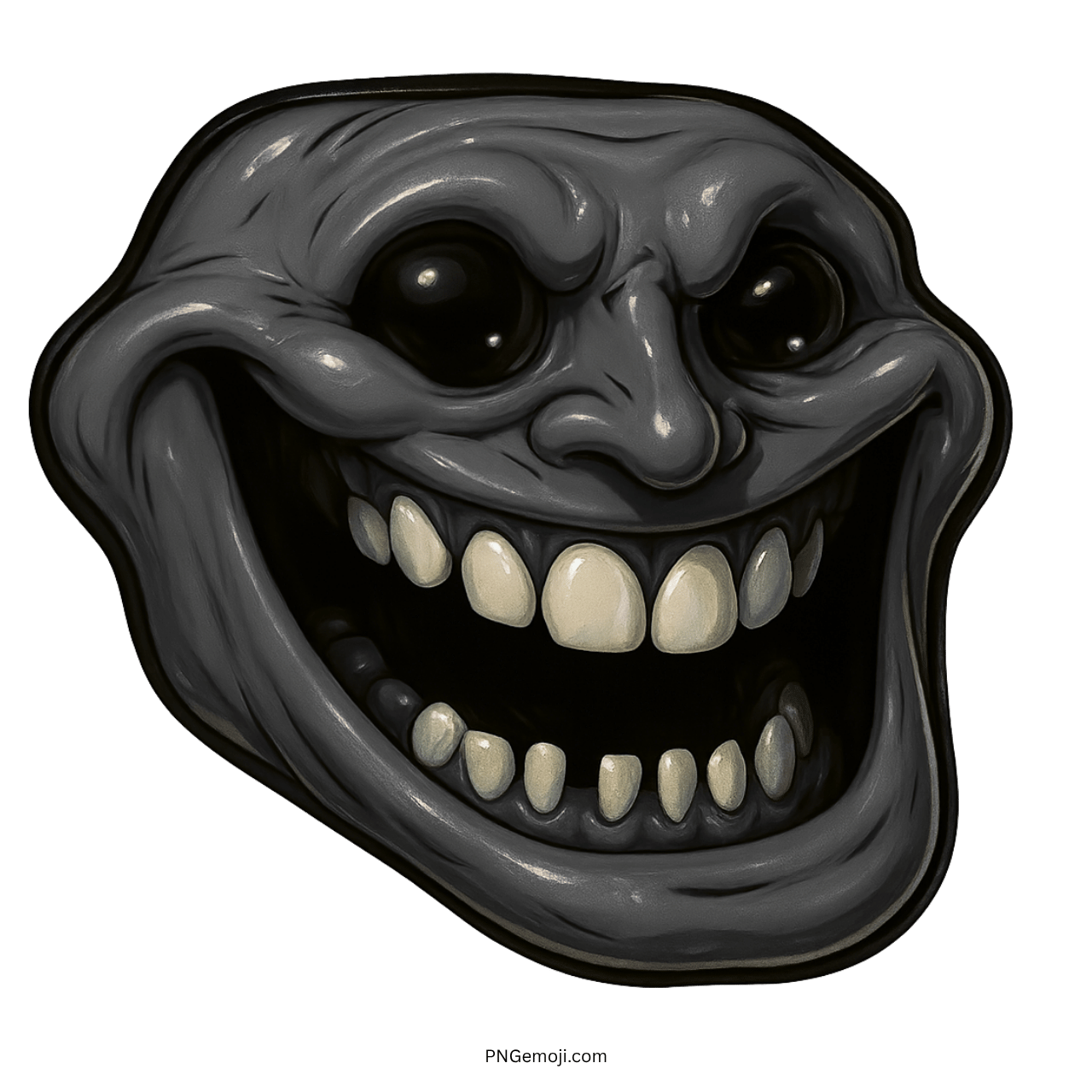 Dark grey evil troll face with creepy grin and mischievous internet meme expression