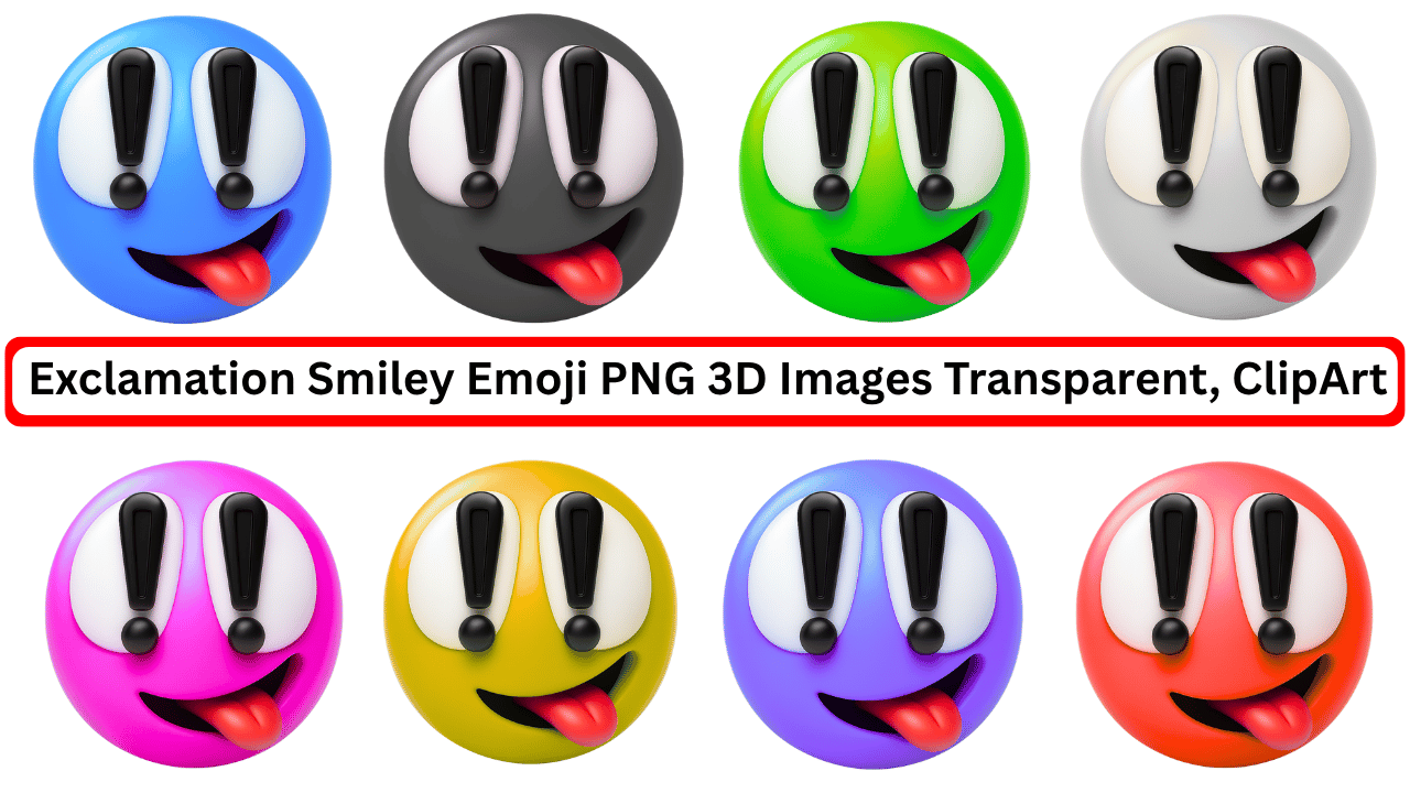 Colorful 3D exclamation smiley emojis with tongue out in various vibrant expressions