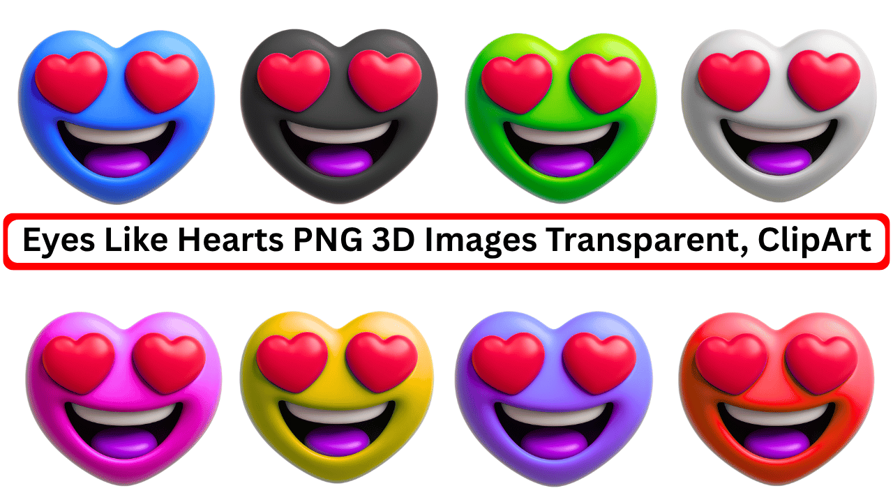 3D heart-eye emojis in multiple colors with transparent background clipart pack preview