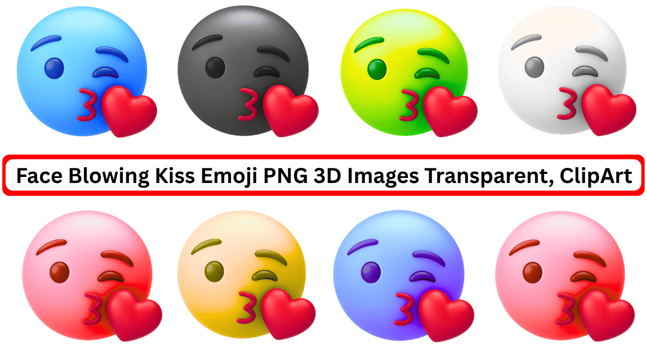 Colorful 3D kiss face emojis with heart in transparent PNG clipart style