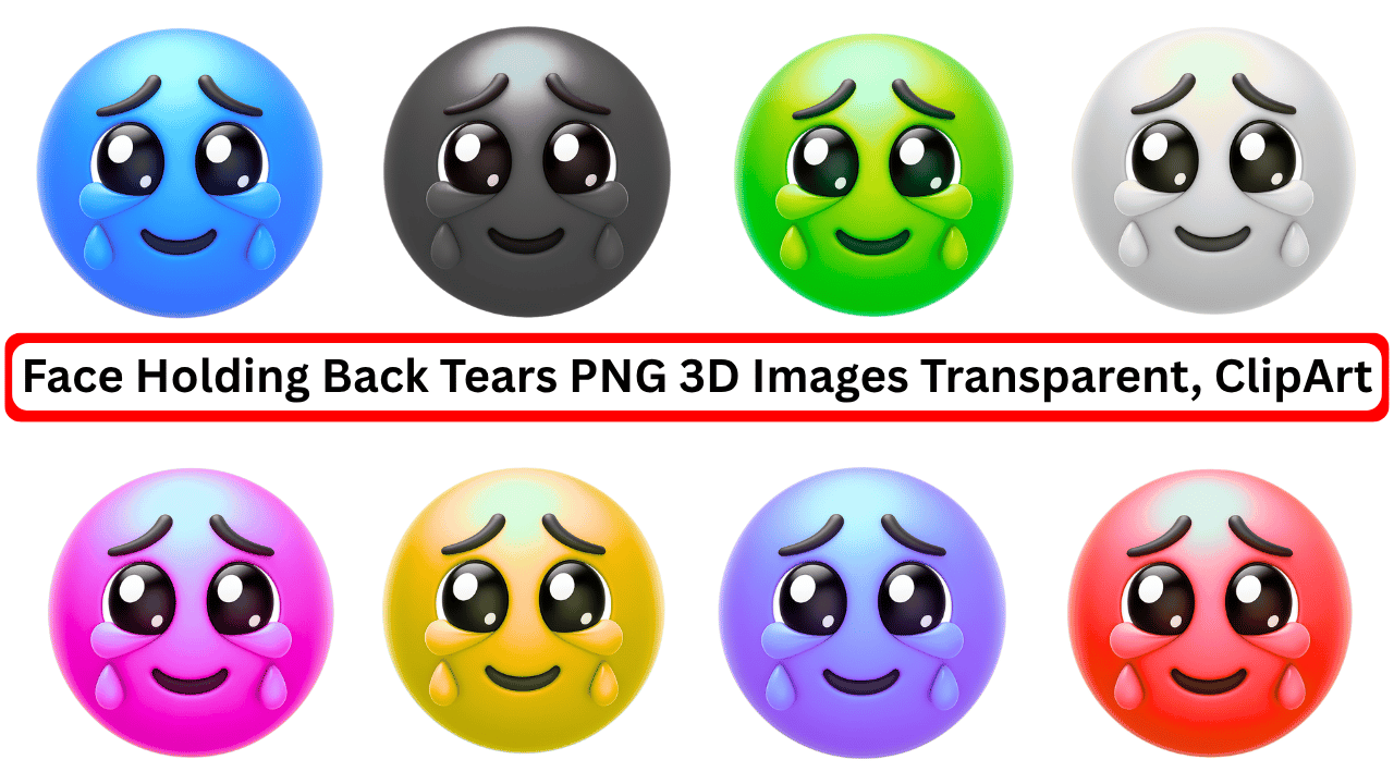 Colorful 3D emojis holding back tears with cute expressions and glossy eyes