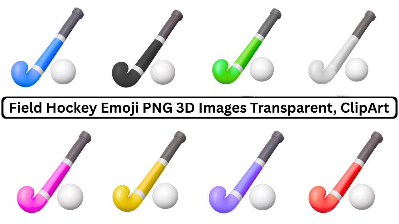 Field hockey emoji 3D multicolor sticks and white balls, transparent clipart for sports websites and social media.