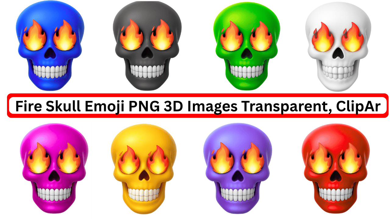 Colorful 3D fire skull emojis with flames in eyes on transparent background