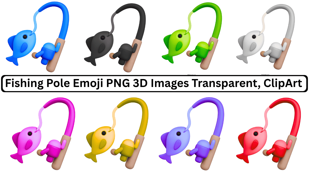Colorful 3D fishing pole emoji clipart pack with hooked fish in 8 styles and transparent background