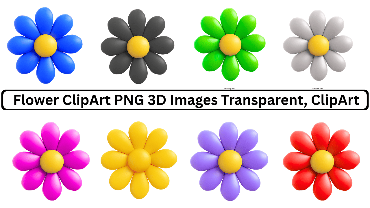 3D flower clipart PNG images in various colors with yellow center, transparent background