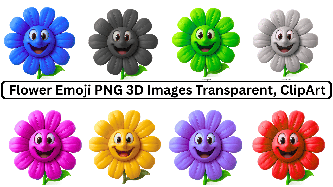 Colorful 3D flower emoji PNG with various bright colors, including blue, green, purple, yellow, and more.