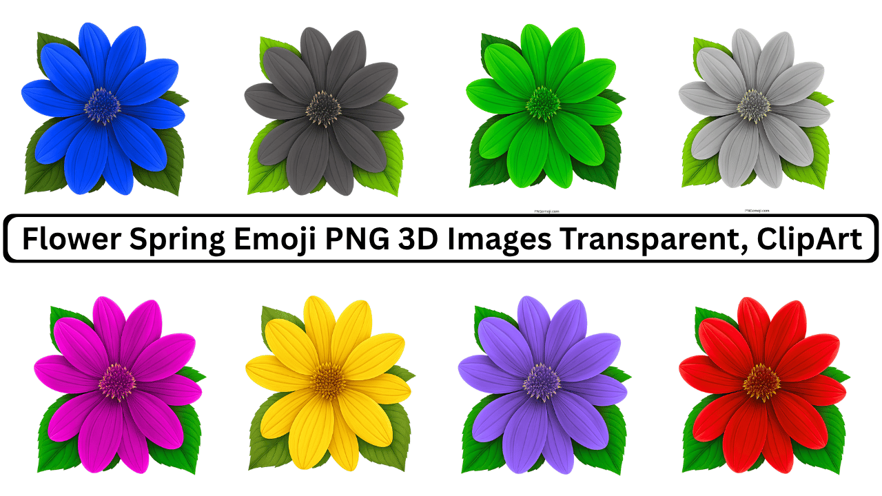 Collection of colorful 3D flower emojis in different colors, showcasing vibrant petals and green leaves, perfect for spring.