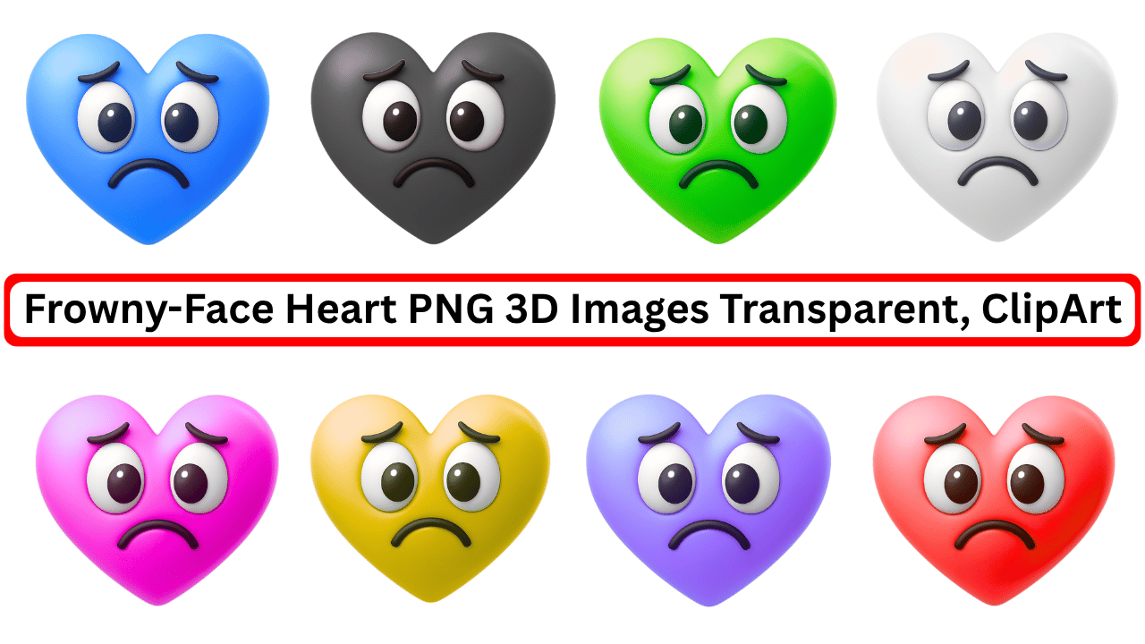 Colorful 3D frowny-face heart emoji PNGs in multicolor set with transparent background